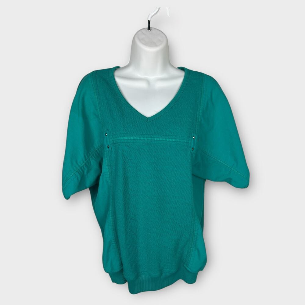 80s short sleeve green studded V-neck‎ Sweater Tee Blouse Teal Large